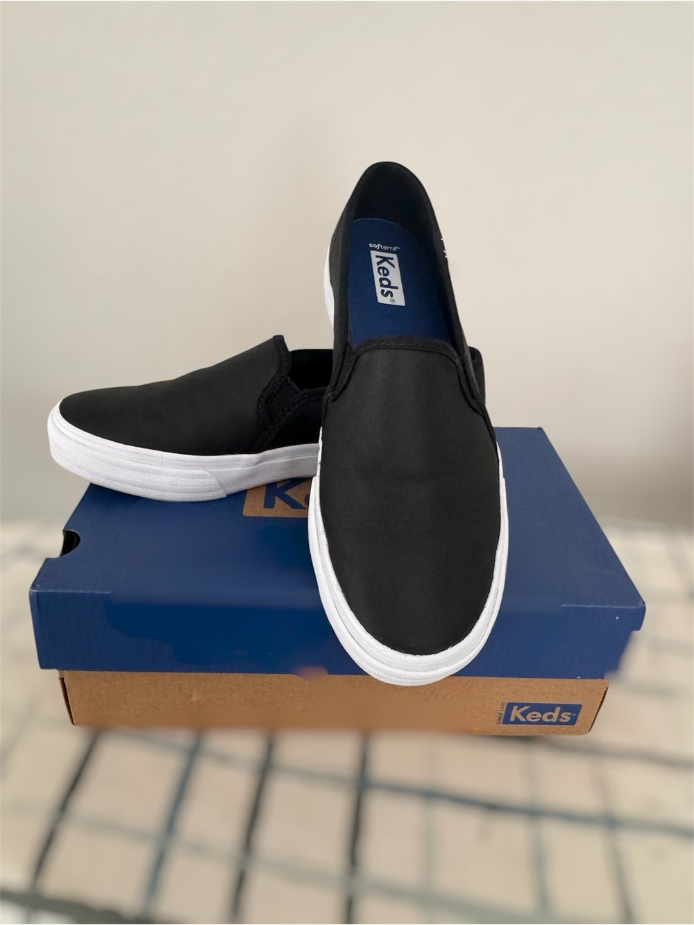 Keds Black Double Decker Leather Slip-On Sneakers with White Sole